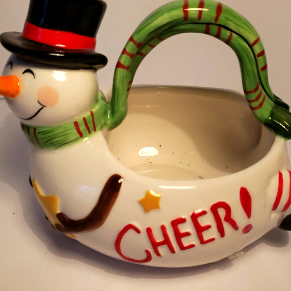 Fitz and Floyd Holiday Home Christmas  Cheer Basket Snowman ceramic
